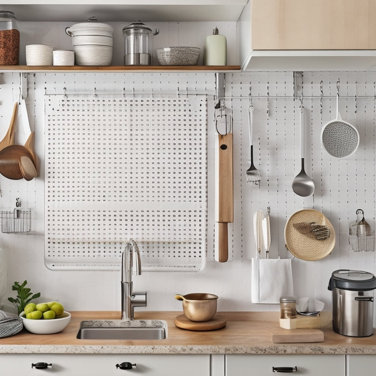 A clutter-free tiny kitchen with a pegboard on the wall, a hanging utensil organizer, a tiered spice rack, and a slide-out trash can, all in a harmonious blend of white, wood, and stainless steel.