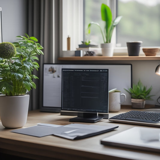 A tidy desk with a organized computer screen, a small potted plant, and a few strategically placed sticky notes, surrounded by a blurred background of a calm and peaceful workspace.