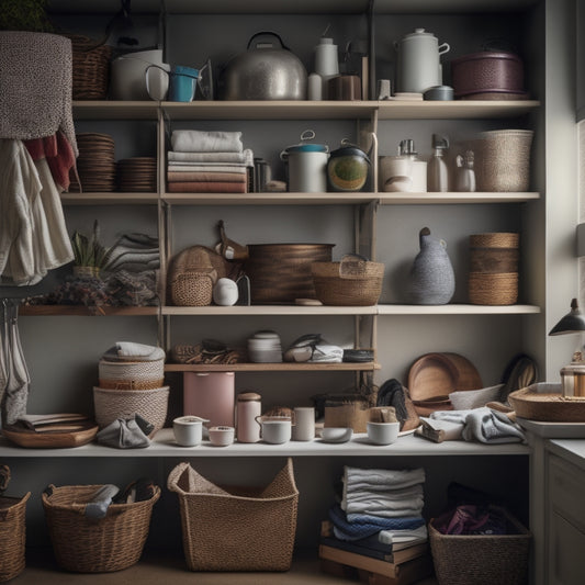 A cluttered small room with piles of clothes, books, and kitchen utensils, transitioning into a tidy space with organized shelves, baskets, and a minimalist aesthetic, showcasing creative storage solutions.