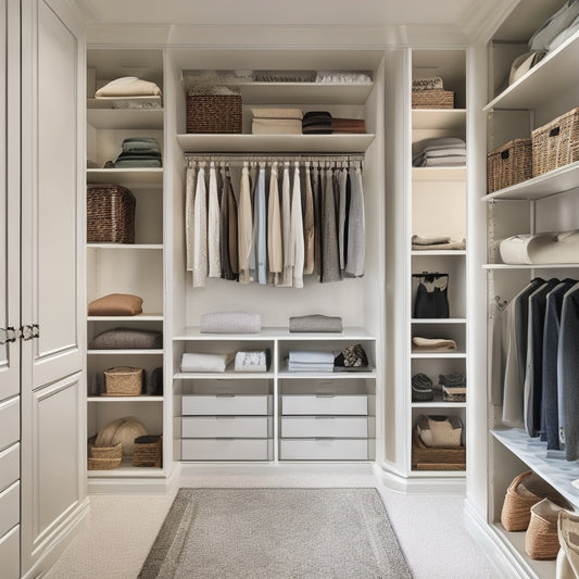 A serene, well-lit walk-in closet with cream-colored walls, dark wood flooring, and a stylish closet system featuring floor-to-ceiling shelves, drawers, and rods in a chrome finish.