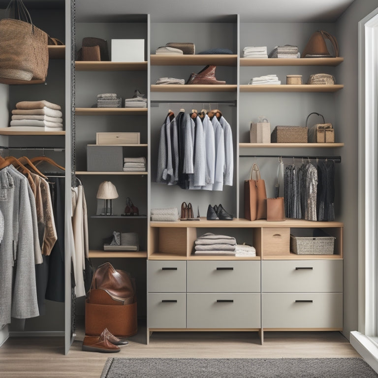 A tidy, modern closet interior with a mixture of open shelves, drawers, and rods, showcasing organized clothing, shoes, and accessories, with a laptop on a shelf, surrounded by calm, muted colors.
