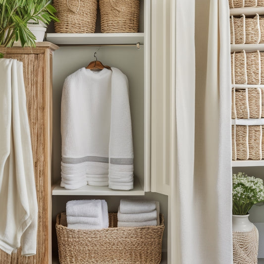 A serene, well-lit linen closet with neatly folded, crisp white towels and linens stacked on wooden shelves, surrounded by woven baskets and a few potted plants, exuding a sense of calm and order.