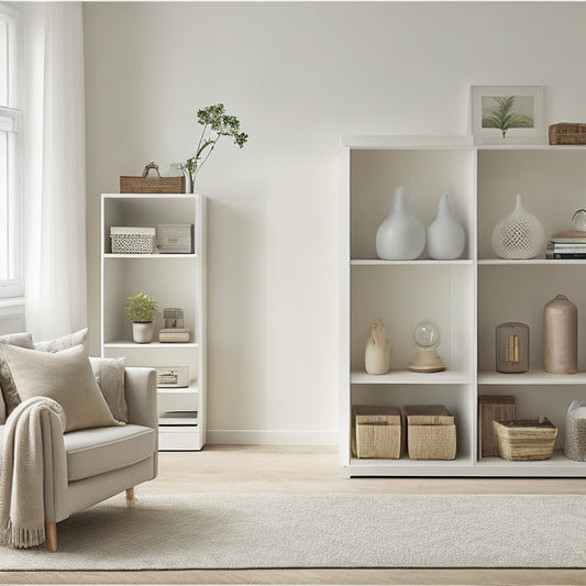 A serene, minimalist living room with a few, carefully-curated decorative items, a tidy bookshelf, and a few storage bins, set against a calming, creamy-white background.