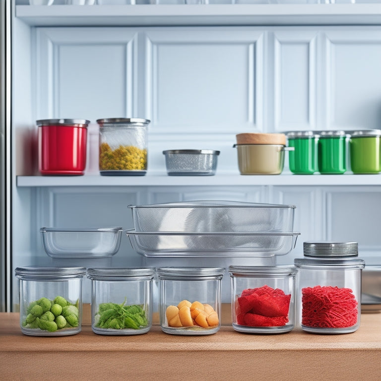 An illustration of a tidy kitchen cabinet with 5-7 clear plastic lid organizers of varying sizes, stacked vertically, each holding a different type of lid, with a few lids slightly ajar.