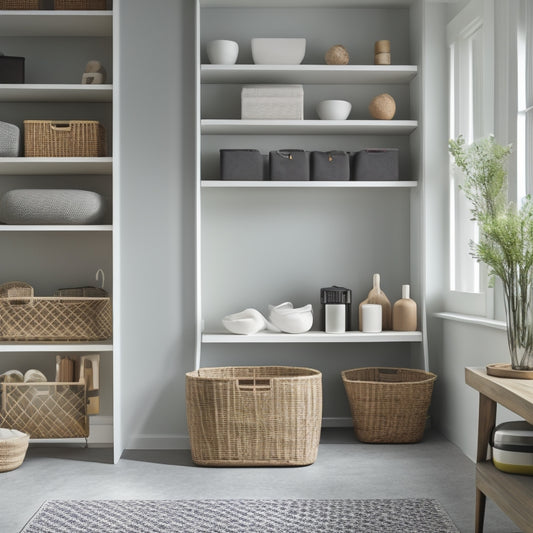 A serene, well-lit room with a minimalist aesthetic, featuring a few, neatly organized storage bins and baskets, a sleek shelving unit, and a few carefully placed decorative items.