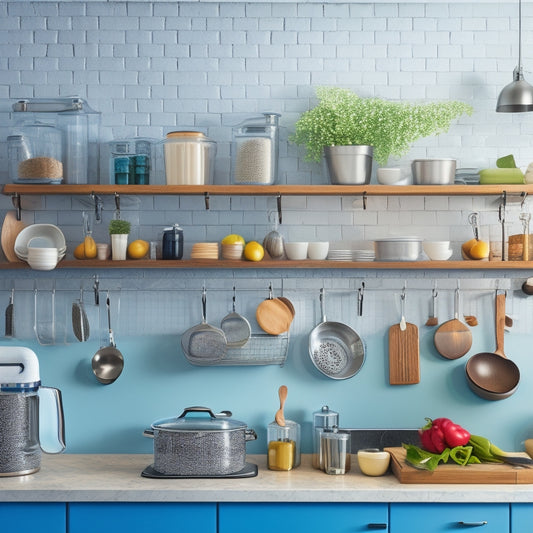 A tidy kitchen counter with a utensil organizer, a stainless steel stand mixer, a set of stackable glass containers, and a wall-mounted pegboard with hanging pots and pans.