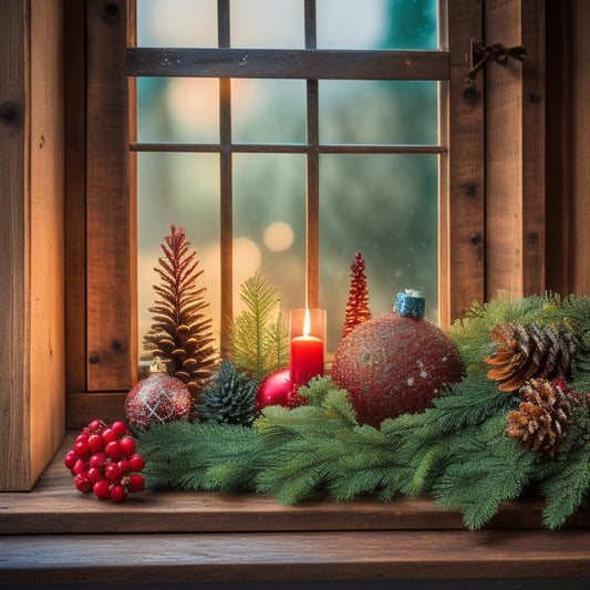 A rustic wooden sign adorned with evergreen branches, pinecones, and red berries, leaning against a vintage window with snowflakes gently falling around it, surrounded by soft candlelight and festive ornaments.