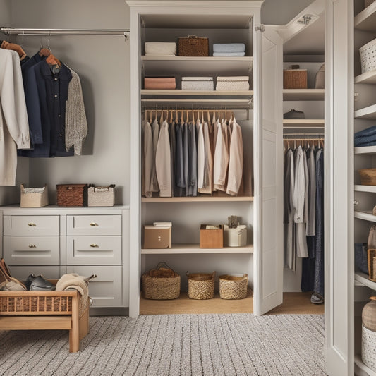 A serene, well-lit closet interior with freshly painted walls, featuring a mix of wooden and metal DIY organizers, including shelves, bins, and rods, amidst a backdrop of neatly arranged clothes and accessories.