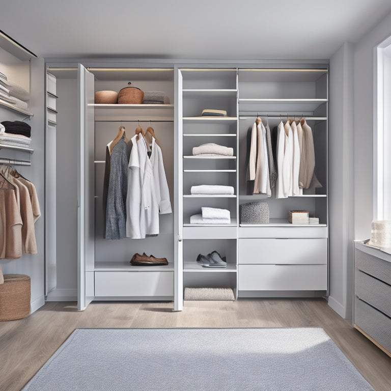 A minimalist, light-filled closet with sleek, floor-to-ceiling shelves, a compact island with drawers, and a mirrored wall, set against a calming gray and white color scheme, with subtle wood accents.