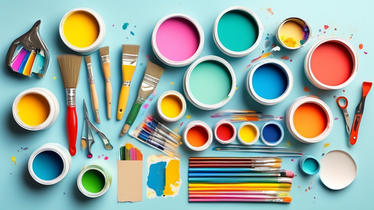 Create an image of simple and fun DIY projects for beginners, such as crafting materials like paint brushes, colorful paint pots, paper cut-outs, glue sticks, and scissors, laid out neatly on a bright, clean workspace. The image should invoke a sense