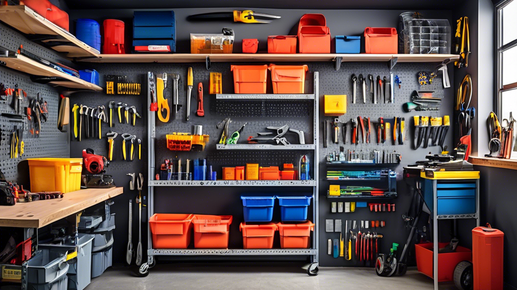 An organized garage with adjustable shelves and pegboards, filled with various tools, equipment, and storage containers. The shelves are labeled and color-coded for easy identification and access.