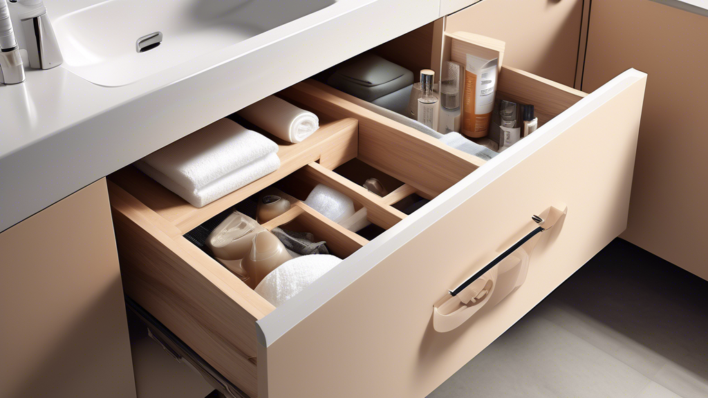 Photorealistic image of under-sink storage solutions in a bathroom. Solutions include pull-out drawers, shelves, and accessories. Drawers and shelves should be organized and contain bathroom essential