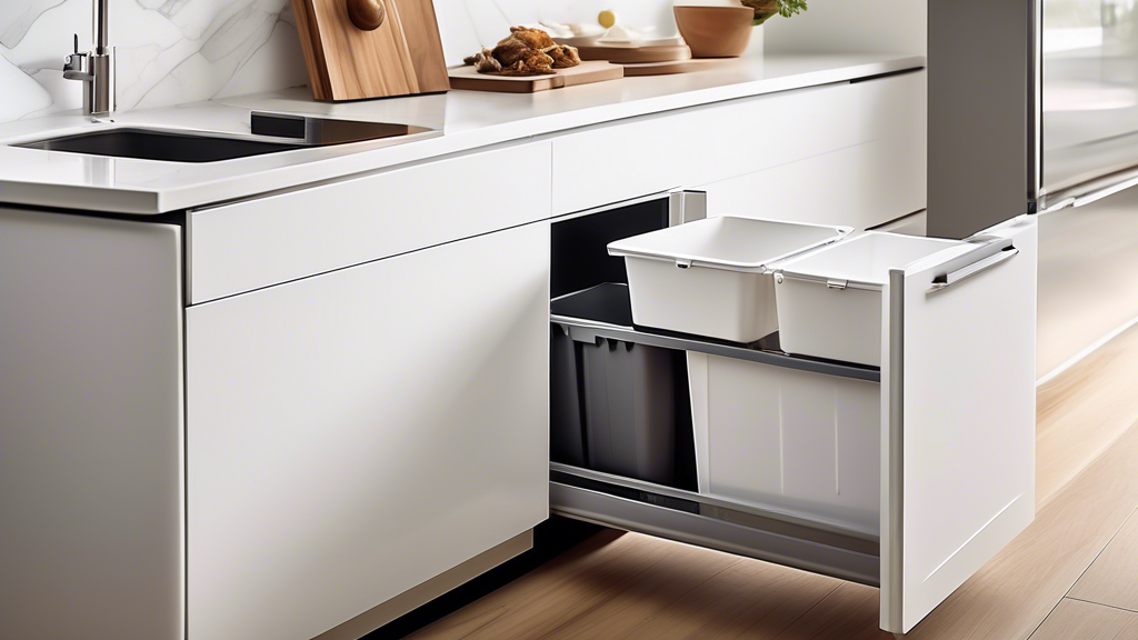 A modern kitchen with sleek, white cabinets and a pull-out trash bin integrated seamlessly into the cabinetry. The bin is easily accessible and provides a convenient solution for waste disposal. The i