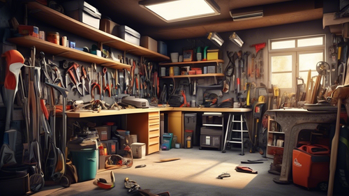 A photorealistic image depicting the interior of a messy garage with a prominent focus on sagging shelves. The shelves are bowed downwards, full of various items such as tools, boxes, and equipment. T