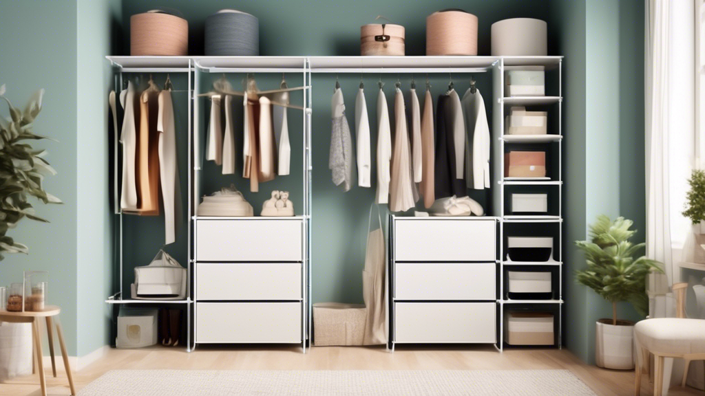 A modular closet storage system with adjustable shelves, drawers, and rods, designed to maximize space and organization for a variety of clothing and accessories.