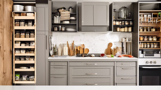**DALL-E prompt:**

A small kitchen with pull-out cabinet organizers in all the lower cabinets. The organizers are filled with spices, utensils, cookware, and other kitchen essentials. The kitchen is 