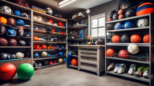 An organized garage with shelves, drawers, and baskets filled with various sports equipment, such as balls, rackets, gloves, helmets, and bags.