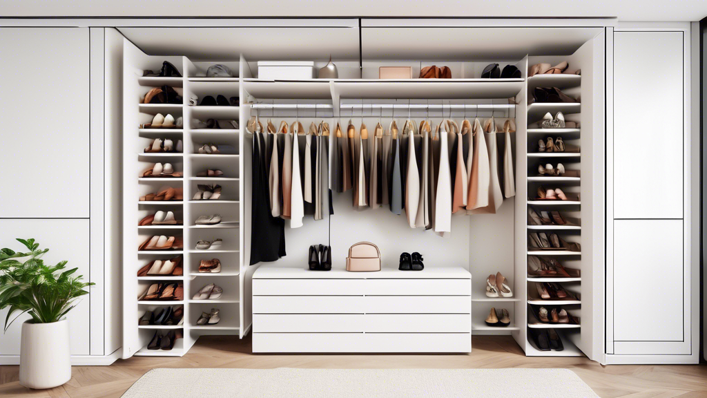 A well-organized closet with pull-out shoe storage solutions that maximize space, showcasing various shoe types neatly arranged within the drawers, in a contemporary and functional setting.