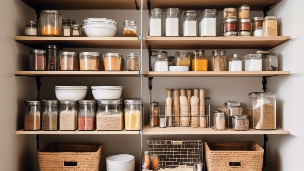 A kitchen pantry with open shelves lined with wire baskets. The baskets are filled with a variety of kitchen items, including food, spices, and cookware. The pantry is well-organized and the wire bask