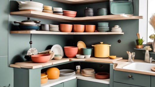 A well-organized corner cabinet with shelves, drawers, and other storage solutions, filled with kitchen items such as pots, pans, dishes, and utensils, creating a stylish and maximized space.