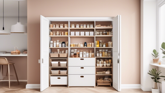 A minimalist open pantry with labeled, removable bins neatly arranged over the door, transforming a cluttered space into an organized sanctuary