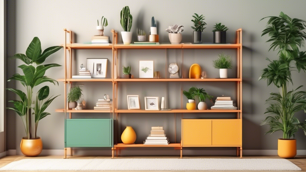 Create an image of a room with adjustable shelving that showcases how rearranging shelves can maximize space and increase storage efficiency. Include items like books, plants, and home decor pieces to demonstrate the versatility of the adjustable she