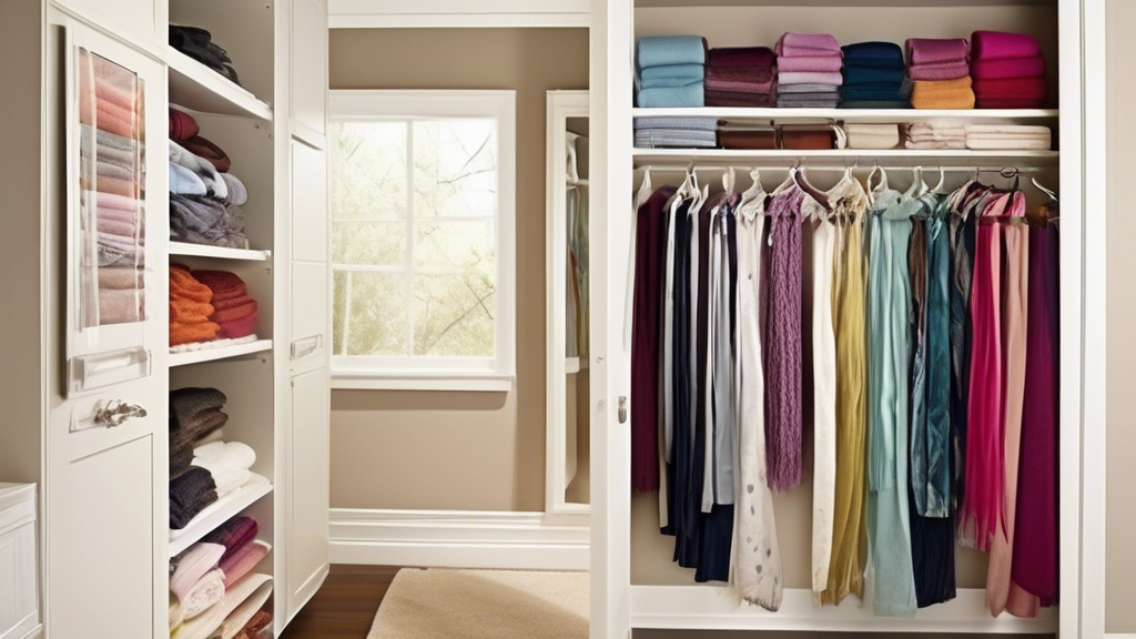 A well-organized and functional closet featuring a pull-out scarf organizer. The organizer should be made of clear acrylic or another transparent material, and it should have multiple compartments of 