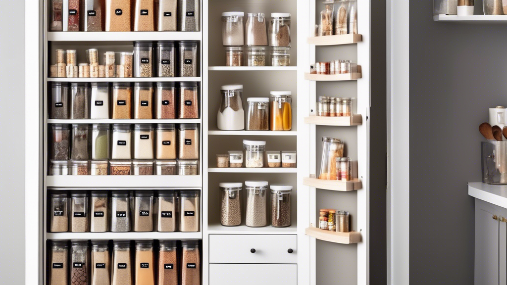 A custom-built over-the-door pantry organization system with clear storage containers and labeled spice clips, featuring a sleek and modern design. The pantry should be fully stocked with a variety of