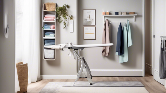 An innovative over-the-door ironing board storage solution, featuring a sleek and ergonomic design, discreetly integrated into a modern laundry room with minimal clutter.