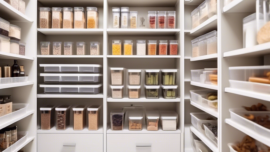 An image of a pantry with adjustable shelving systems, featuring various sized shelves and bins to maximize storage space and organization. The shelves are made of durable material and have a sleek, m