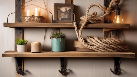 Rustic wooden shelves with weathered finish, metal brackets, and rope accents, in a farmhouse setting with cozy lighting and organic textures.