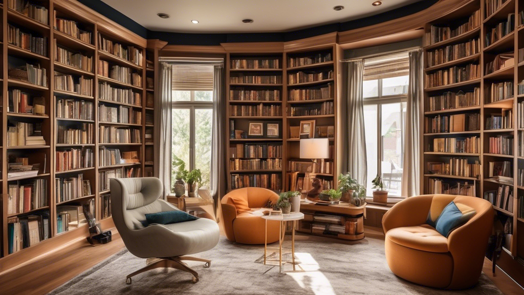 An image of a home library with adjustable bookshelves that are stacked floor to ceiling, holding a variety of books and objects. The shelves are adjustable to accommodate different sizes and shapes o