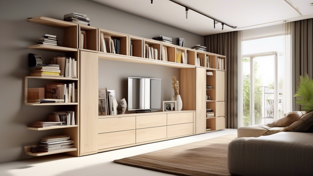 A compact and organized shelving system designed to maximize space in a small living area. It should feature shelves of varying heights and depths, as well as drawers and compartments for concealed st