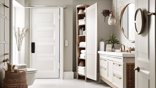 **DALL-E Prompt:**

Interior of a bathroom with over-the-door storage solutions. The storage solutions should be functional and stylish, and should include baskets, shelves, and hooks. The bathroom sh