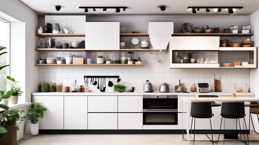 A minimalist kitchen with white adjustable shelves covering one wall, filled with various kitchen items and appliances. The shelves are sleek and modern, and some of them are extended to accommodate l