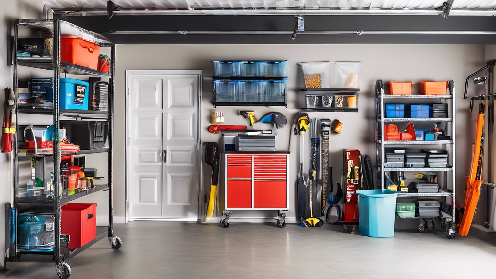 An organized home garage with shelves, drawers, and storage containers to maximize space and store various items. The garage features a clean and clutter-free environment with a focus on functionality