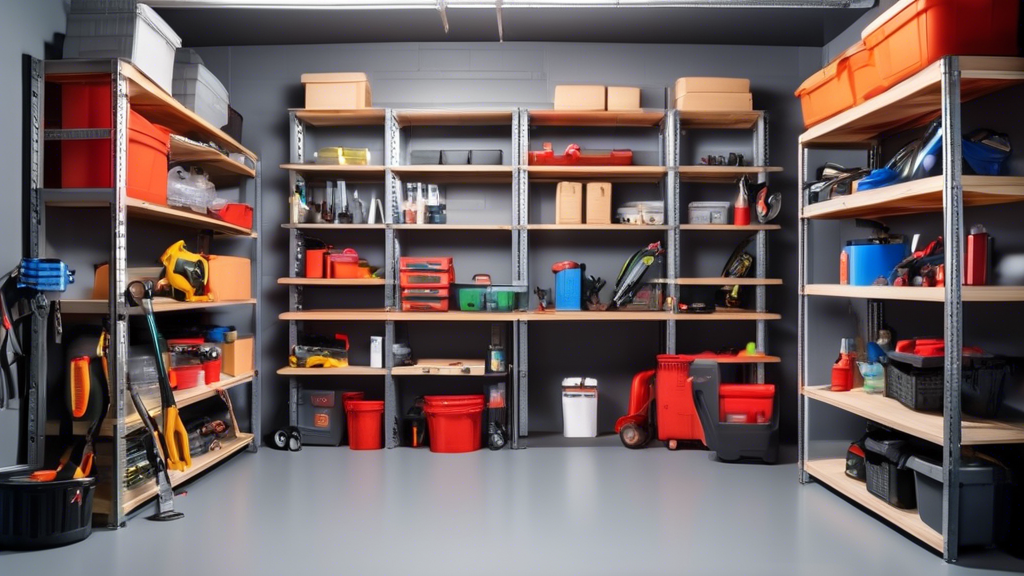 Create an image of a well-organized garage showcasing a variety of adjustable shelving units in use. The shelves should be holding tools, boxes, and other garage essentials in a neat and efficient manner, highlighting the versatility and functionalit