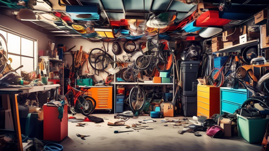 A cluttered garage with a ceiling storage rack, with many items falling off the rack and creating a dangerous situation