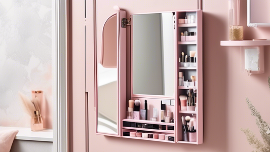 An aesthetically pleasing photograph of an over-the-door makeup organizer with a mirror, showcasing its space-saving functionality and compartments for various makeup essentials. The organizer is atta