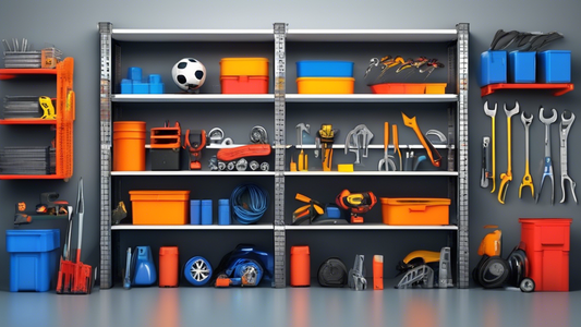 Please generate an image of a garage interior with various customizable shelving units filled with tools, sports equipment, and storage boxes. Each shelf should have different adjustable features to showcase the versatility and options for customizat