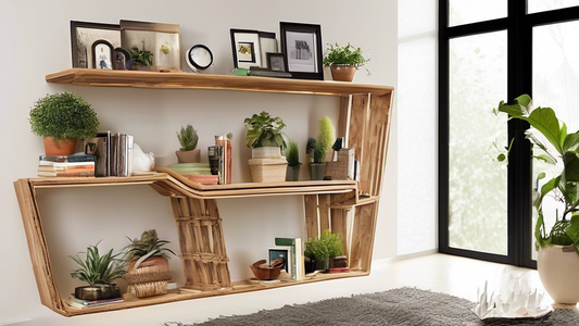 Create an image of a cozy living room setting with a variety of unique and creative DIY custom shelving ideas. Show different styles such as floating shelves, ladder shelves, geometric shelves, and repurposed materials like wooden crates or pipes. Ea