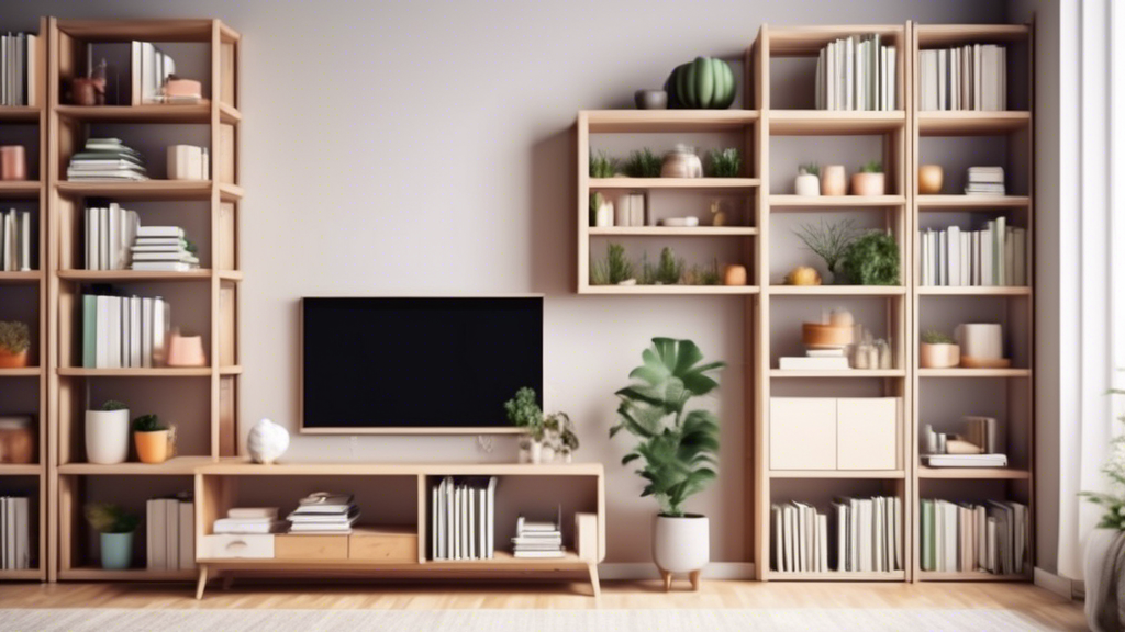 An image of a spacious room with adjustable freestanding shelves of various sizes and configurations, used to store a wide range of items, creating a versatile and efficient storage solution.