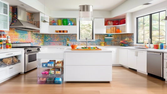 A colorful and modern kitchen with sleek white cabinets and stainless steel appliances. In the center of the kitchen is a large island with a built-in pet food storage solution. The storage solution i