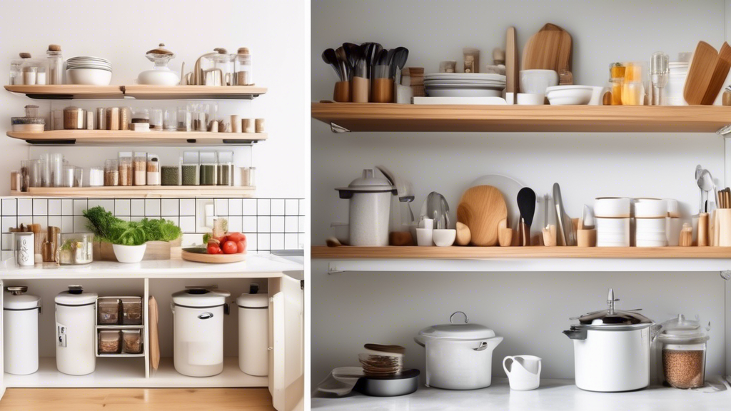 Create an image depicting a small, cluttered kitchen space transformed by the use of innovative, space-saving adjustable shelving. Show the before and after scenario to highlight the difference in storage efficiency and organization achieved through 