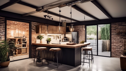 **DALL-E Prompt:**
Generate an image of a garage transformed into a stylish and functional space.
**Additional Details:**
* Include comfortable seating, a bar area, lighting, and accessories.
* Fea