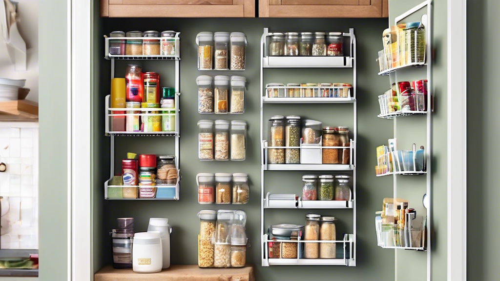 An over-the-door pantry organizer hanging on a kitchen door, filled with various kitchen items such as cans, boxes, and jars, creating a tidy and organized space.