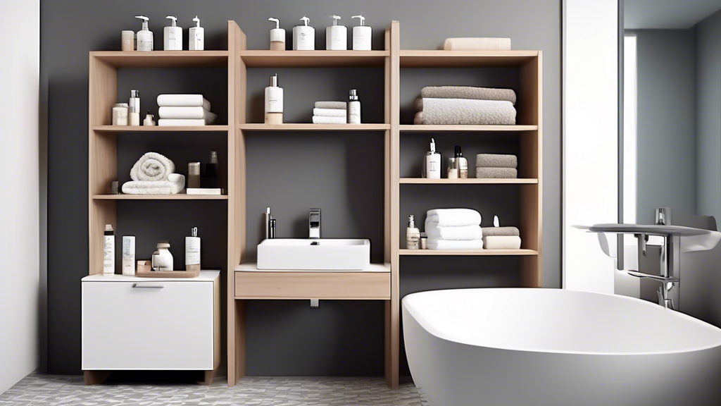 Create an image showing a modern bathroom with adjustable shelves in a sleek storage unit, designed for maximizing organization efficiency. The shelves should be shown at different heights and configurations to demonstrate versatility and functionali