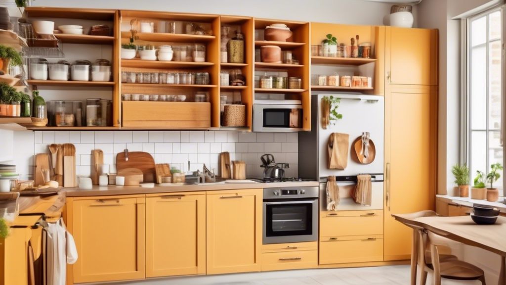 A neatly organized compact kitchen with ample cabinet storage solutions, featuring pull-out drawers, spice racks, under-sink organizers, and wall-mounted shelves, all in a functional and aesthetically