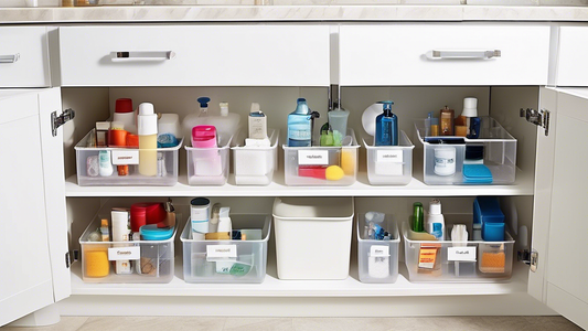An organized bathroom with adjustable under-sink shelves, featuring various sizes and shapes of storage containers to accommodate different items. The under-sink shelves should be adjustable to differ