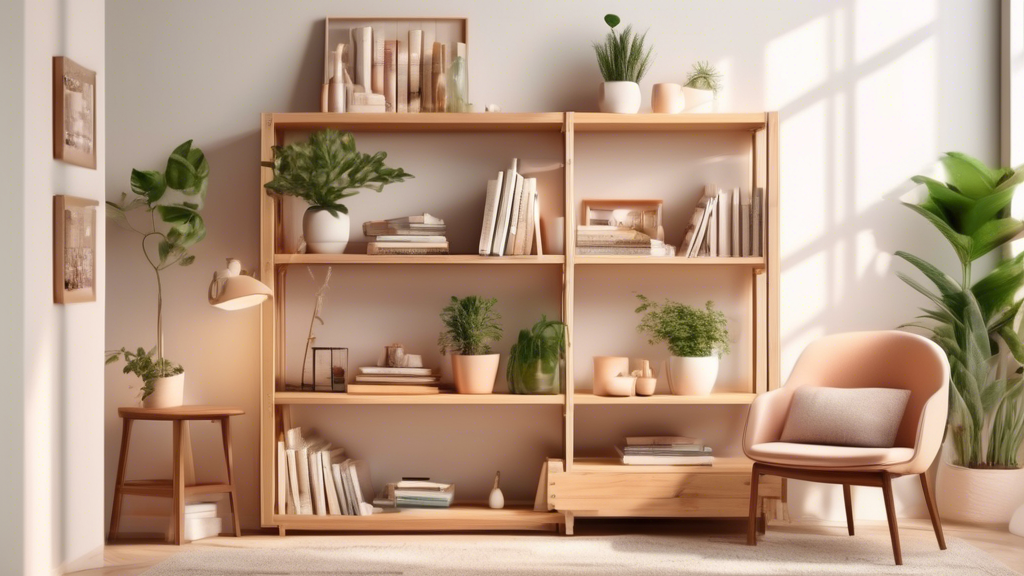 An adjustable wooden shelving unit in a cozy living room, with warm lighting and soft furnishings. The shelves are stocked with books, plants, and decorative items.